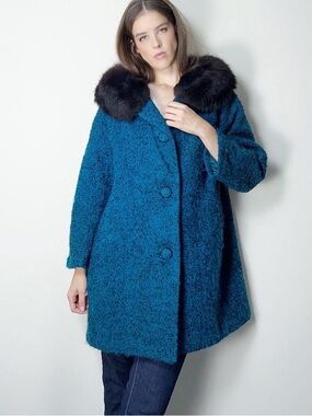Vintage Blue and Black Boucle Wool Swing Coat with Black Fur Collar